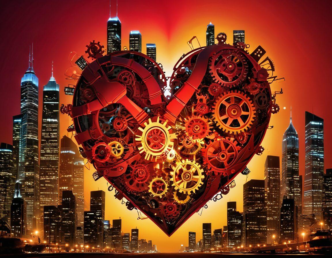 A vibrant, abstract representation of a heart intertwined with gears and lightbulbs, symbolizing the fusion of passion and innovation in business. The background features subtle outlines of skyscrapers and technology, depicting enterprise growth. Integrate warm colors like reds and yellows to evoke fondness and energy. Include a futuristic touch to enhance the innovation theme. vibrant colors. abstract art.