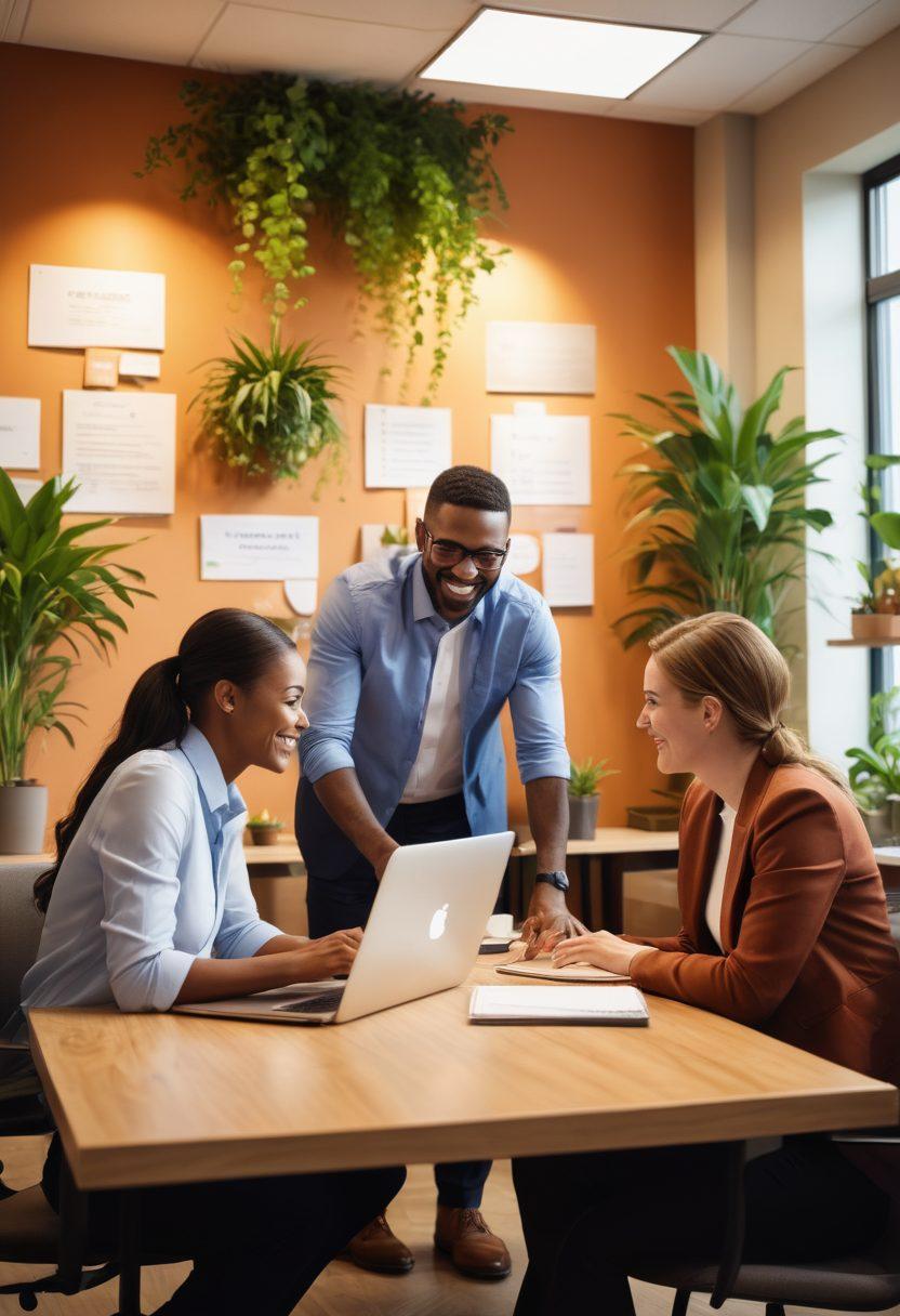 A warm office setting with diverse employees engaged in meaningful conversations, surrounded by plants and soft lighting. Focus on a central group sharing a laugh, symbolizing camaraderie and devotion in the workplace. Include motivational quotes on the walls and subtle hints of teamwork, like a shared project on a desk. The atmosphere should be inviting and inspiring, showcasing the importance of human connections in a corporate environment. super-realistic. warm tones. vibrant colors.