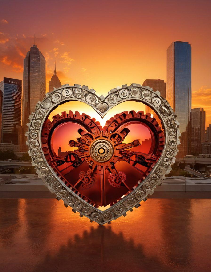 A heart entwined with business icons like gears and dollar signs, symbolizing the fusion of romance and commerce. Include warm colors to evoke passion, and subtle floral elements to represent affection. The background should feature a modern office skyline under a romantic sunset for contrast. dynamic composition. super-realistic. warm tones.